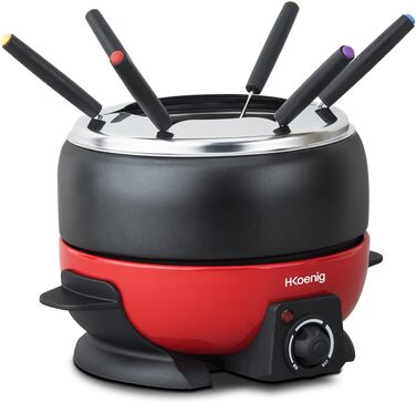 Набір електричних фондю H.Koenig ALP1800 / 6 осіб / 6 виделок для фондю / температура від 25C до 190C / 2 л / антипригарне покриття / 800 Вт / червоний/чорний