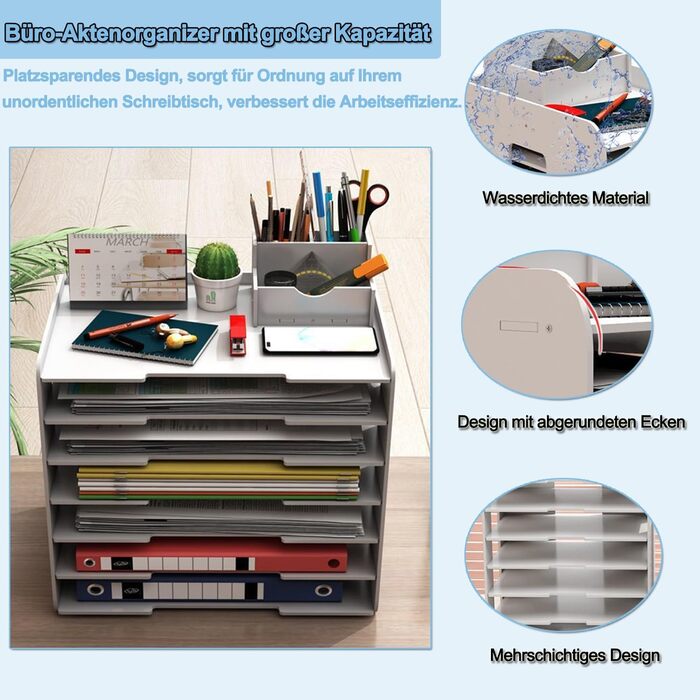 Лоток для офісних файлів Jamiukro, великий настільний органайзер Лоток для листів із тримачем для ручки, лоток для паперу формату A4, 7-рівневий настільний лоток для школи, дому та офісу, білий