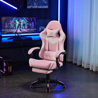 Шкіряне ігрове крісло, поворотне на 360 та ергономічне, з підголівником, поперековою опорою та підставкою для ніг, рожево-біле