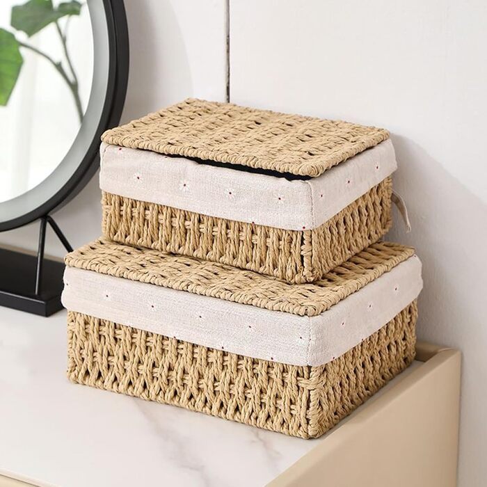 Набір із 3 кошиків для зберігання з кришками плетені кошики з паперової мотузки, 3 розміри, з підкладкою, кошики в стилі бохо для ванної кімнати, іграшок, вітальні та спальні.