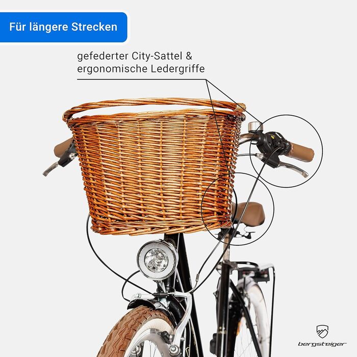 Жіночий велосипед 28 дюймів, підходить для зросту від 150 см, кошик з ротанга, ліхтарик для велосипеда, жіночий міський велосипед, жіночий велосипед у ретро-дизайні, 6-швидкісні коробки передач Tourney, перемикач швидкостей, 28 дюймів чорного кольору, 26