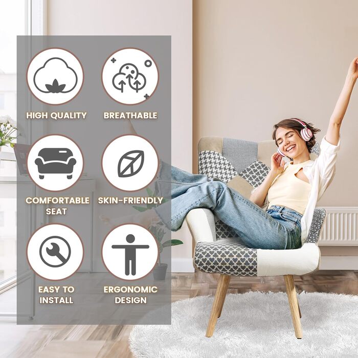 Крісло-реклайнер, лляне крісло-гойдалка з ніжками з масиву дерева, крісло-підголовник для вітальні, спальні, куточка для читання, сірий