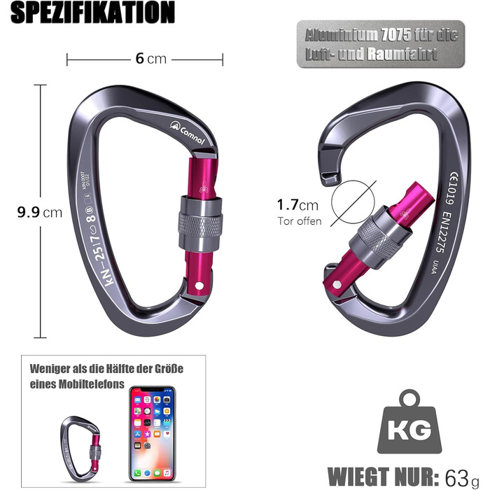 Міцний карабін із замком, сертифікований UIAA, 25 кН (близько 5620 фунтів), автоматично блокувальний карабін D-подібної форми, затискач для скелелазіння, альпінізму, аеропортних робіт Grau-2