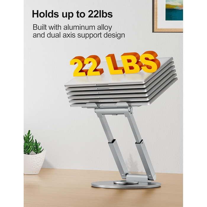 Підставка для ноутбука з регульованою висотою та поворотною базою на 360, ергономічна підставка для ноутбука, збільшувач висоти для робочого столу, стійка для ноутбука для роботи стоячи, сумісна з MacBook Pro та ноутбуками 1017 дюймів, срібляста