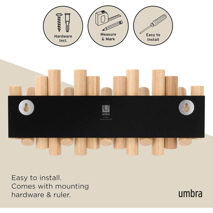 Вішалка Umbra Picket - Вішалка та сучасна прикраса для стін з 5 відкидними гачками, виготовленими з шліфованої сосни, натуральної