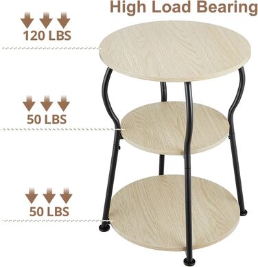 Круглий журнальний столик, 3-ярусний вінтажний журнальний столик, невеликий з міцним металевим каркасом, тумбочка біля ліжка, невеликий круглий диванний столик для вітальні, спальні, балкону, 40 x 40 x 55 см (дуб).