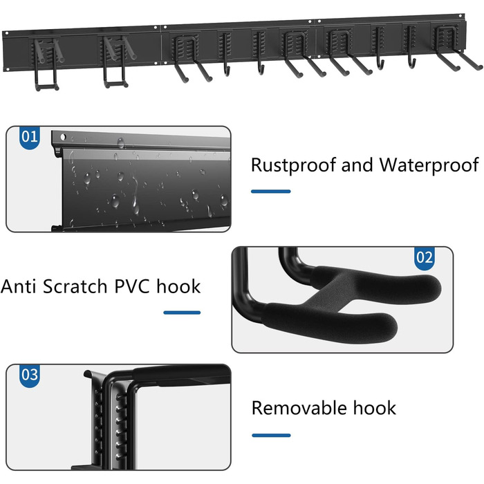 Зберігання в гаражі, 120 см регульований 10 настінних кронштейнів і 4 S гачки 4 ремені для зберігання, стійка для інструментів Настінний тримач інструментів для гаражів Підвальна майстерня Мітла Граблі Органайзер для інструментів 14 гачків, 3-H