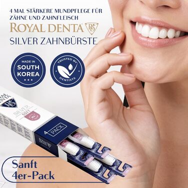 М'яка зубна щітка Royal Denta Silver 4-Pack - ефективне чищення міжзубних проміжків, частинки срібла, багатобарвний