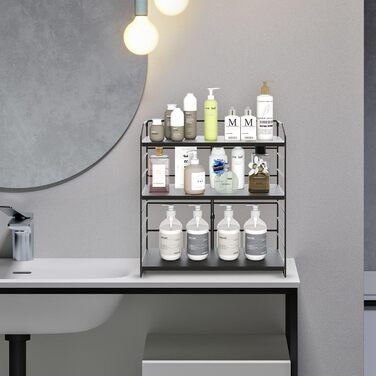 Металева підставка для спецій AIRUJIA, 3-рівнева регульована кухонна полиця, органайзер для столу, підходить для кухні, ванної кімнати та спальні, кухонна полиця для зберігання у ванній кімнаті, чорного кольору