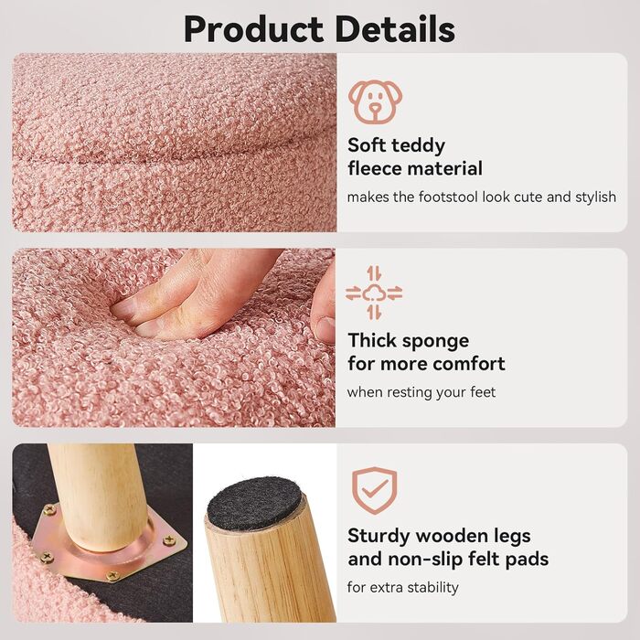 Дюймовий маленький пуф-пуф з місцем для зберігання, круглий пуф-підставка з м&39яким сидінням та кришкою, міні-пуф-підставка з оксамиту Teddy Velvet для дивана у вітальні, рожевий WBD006P 32Г x 32Ш x 33В см рожевий, 13-