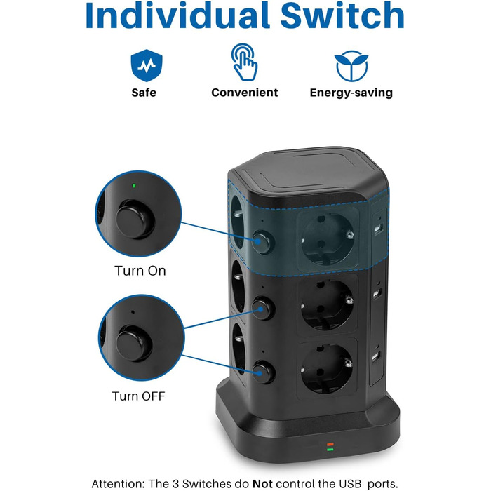 Шляховий подовжувач (4000 Вт/16А), 6 USB-розеток із захистом від перенапруги, індивідуально перемикається розетка для офісного кух