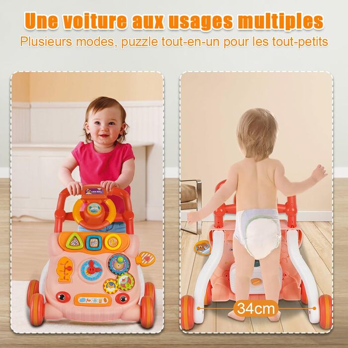 Дитячі ходунки, дитячі ходунки з музичним плеєром, амортизуючими колесами, подарунок для дітей від 6 місяців (36 x 34 x 42 см, рожеві) Рожеві 36x34x42 см