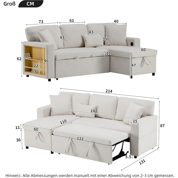 Кутовий диван зі сном та USB-портом, диван-ліжко з відділенням для зберігання речей, кутовий диван-ліжко з вбудованою полицею та боковими кишенями, L-подібний диван, меблі для вітальні, бежевий, оксамит