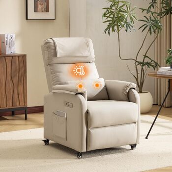 Крісло Bonnlo Recliner, крісло для телевізора, електричне масажне крісло з функцією відкидання, крісло для телевізора, 2-точковий масаж та функція підігріву, порти USB-C та USB-A, 1 бічна кишеня, шкіра, стійка до подряпин, бежевий колір