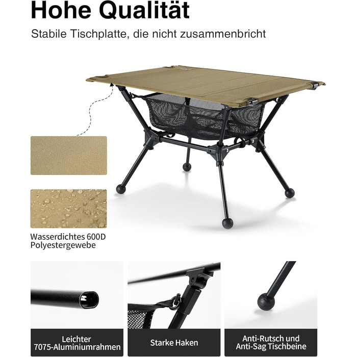 Складаний кемпінговий стіл OneTigris Dipper, складаний кемпінговий стіл з сумкою для перенесення та сітчастою кишенею, маленький надлегкий вуличний стіл для риболовлі та походів, 60 x 40 x 37 см, колір койот коричневий