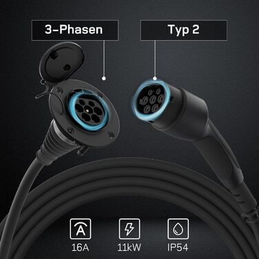 Подовжувач типу 2 10 м, 11 кВт, 16 А 3-фазний зарядний кабель 400 В, клас захисту IP54, сумісний з усіма електромобілями та високопродуктивними електромобілями стандарту IEC62196-2, з футляром для перенесення 11 кВт 10 м