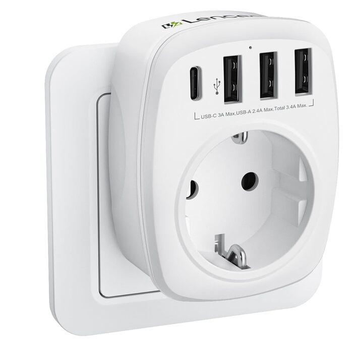 Розетка з декількома вилками EU адаптер 5-в-1 розетка розетка адаптер з 3 портами USB зарядного пристрою 2.4А, 1 портом Type-C 3А,