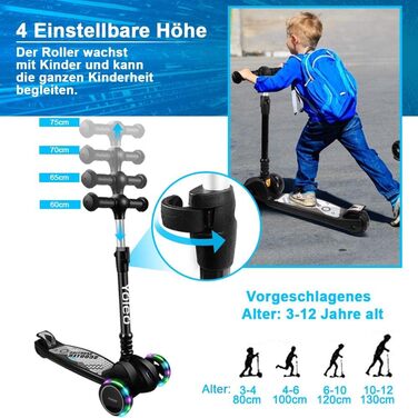 Дитячий самокат YOLEO дитячий самокат триколісний самокат зі світлодіодними колесами, 2-колісні задні гальма, 4 регульовані по вис