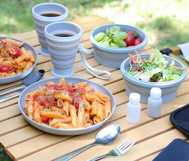 Набір столових приборів для кемпінгу, тарілки, миски, чашки для 2 осіб, складний портативний набір кемпінгових тарілок і мисок, набори кемпінгового посуду для кемпінгу, подорожей та активного відпочинку, сірий, 2 особи