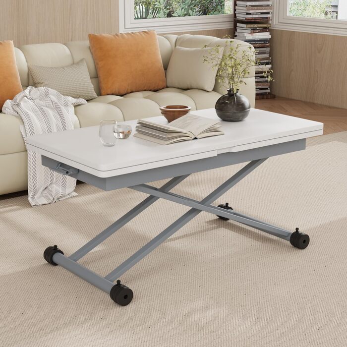 Журнальний столик VOWNER з регульованою висотою, розсувний обідній стіл 3-в-1, що економить місце, для їдальні, поворотний, трансформується у вітальню, обідній стіл, вітальню та багато іншого (білий з деревним малюнком)