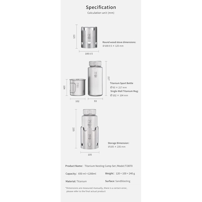 Набір для гніздування Keith Titanium Ti3070 - надлегка титанова пляшка, чашка та дров&39яна піч без пластику з полотняною сумкою для перенесення - міцний, портативний та екологічно чистий для кемпінгу, походів та