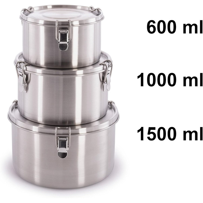 Набір харчових контейнерів Tatonka Stack (3 шт.) - Харчові контейнери з нержавіючої сталі різних розмірів - Штабелюються - З кришками та застібками-кліпсами - Нетоксичні та придатні для миття в посудомийній машині M (600 мл / 1000 мл / 1000 мл) Срібний (4