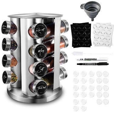 Кругла підставка для спецій Miorkly з 16 круглими банками для спецій, карусель для спецій з нержавіючої сталі, що обертається на 360, органайзер для спецій, стійка для спецій, контейнери для спецій зі вставкою-шейкером, банки для спецій, ярлики, лійка, ма