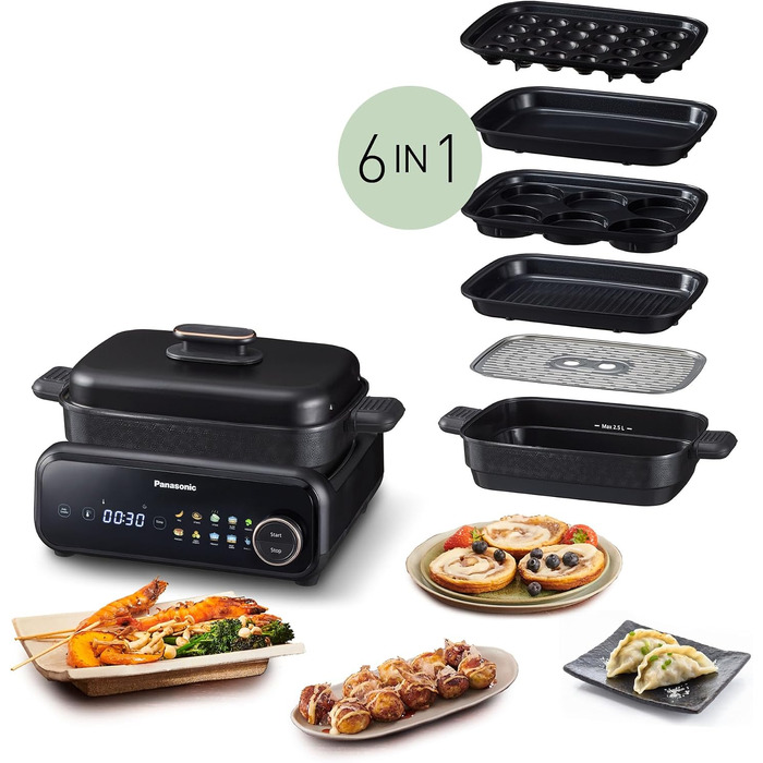 Мультипіч-гриль Panasonic NF-GM600 6-в-1 електрогриль, планча, тушкування, slow cook, BBQ та пароварка, 1400 Вт, 40250 C, 9 авторежимів, 6 антипригарних панелей, система відведення диму, 6 аксесуарів