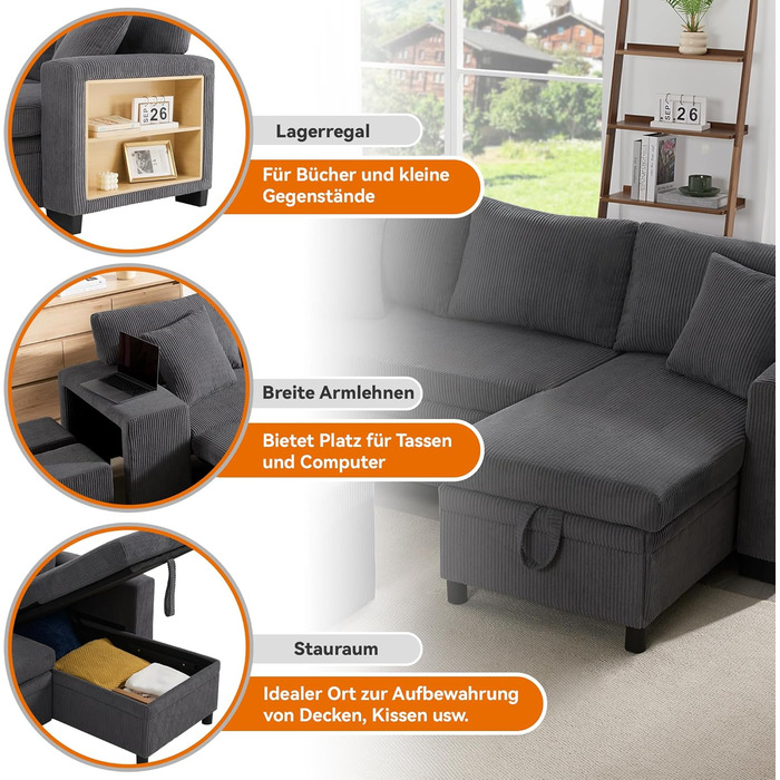 Кутовий диван Merax з функцією сну, практичний розкладний диван з ящиком для зберігання та USB-роз&39ємом, розкладний диван з місцем для зберігання, бічними полицями, сучасний L-подібний диван для вітальні, спальні, сірий B-сірий (з бічними полицями)