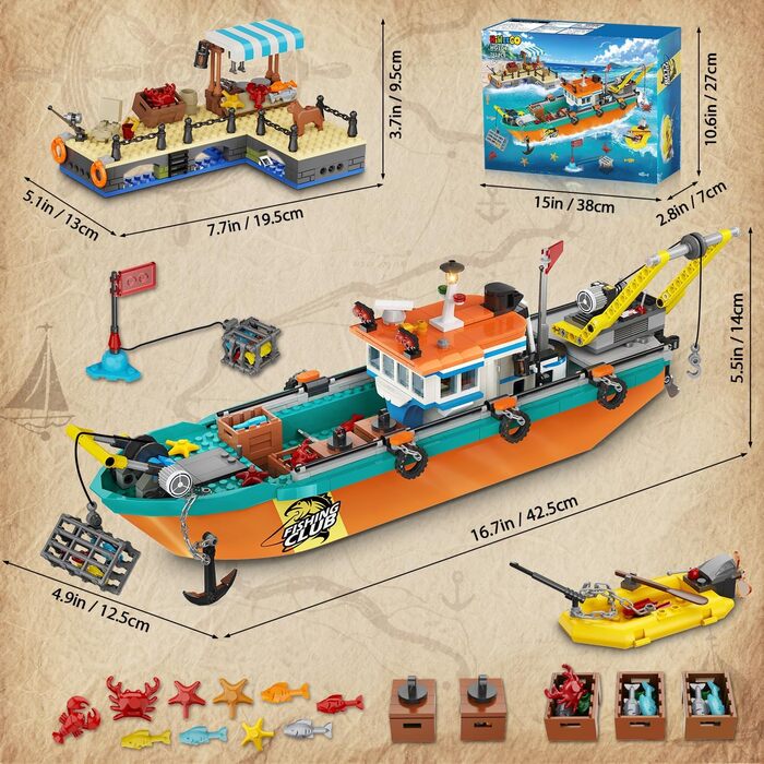 Конструктор HiWEEGO City Fishing Boat Shipyard Boat Construction Kit HG1047, 762 деталі, плавучий човен