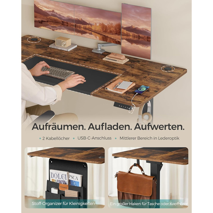 Електричний письмовий стіл SONGMICS з регульованою висотою, 160 x 70 см, безступінчасте регулювання, функція пам&39яті з 4 рівнями висоти, вінтажний коричневий - матово-чорний LSD026X01 160 x 70 см вінтажний коричневий чорно-чорний