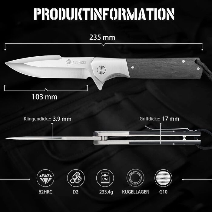 Складний ніж NedFoss BEAST, великий кишеньковий ніж зі сталі D2 10 см з руків'ям G10, гострий одноручний ніж з піхвами та шарикопі