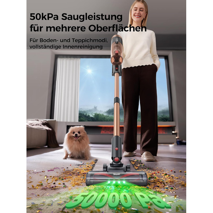 Акумуляторний бездротовий пилосос Proscenic 50кПа, 500Вт, до 50 хв роботи, легкий, з сенсорним екраном, зеленим підсвічуванням та системою проти заплутування волосся, для килимів, твердих підлог, авто та шерсті тварин, колір Gold