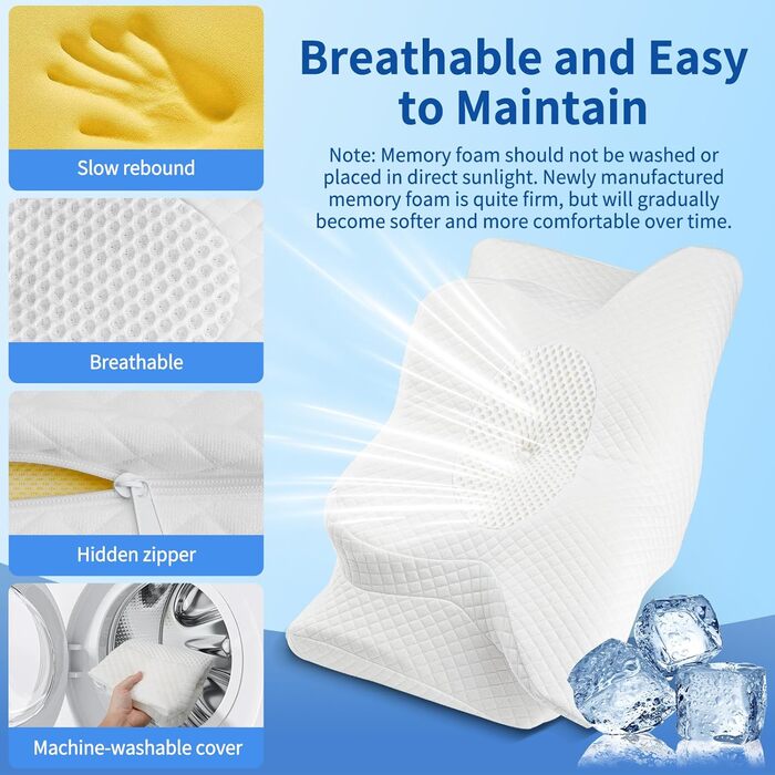 Подушка для шиї для сну, ортопедична подушка з піни з ефектом пам&39яті, ергономічна подушка для шиї 2-в-1 для сну на боці зі знімним чохлом, який можна прати, 62 x 39 x 11/13 см, біла