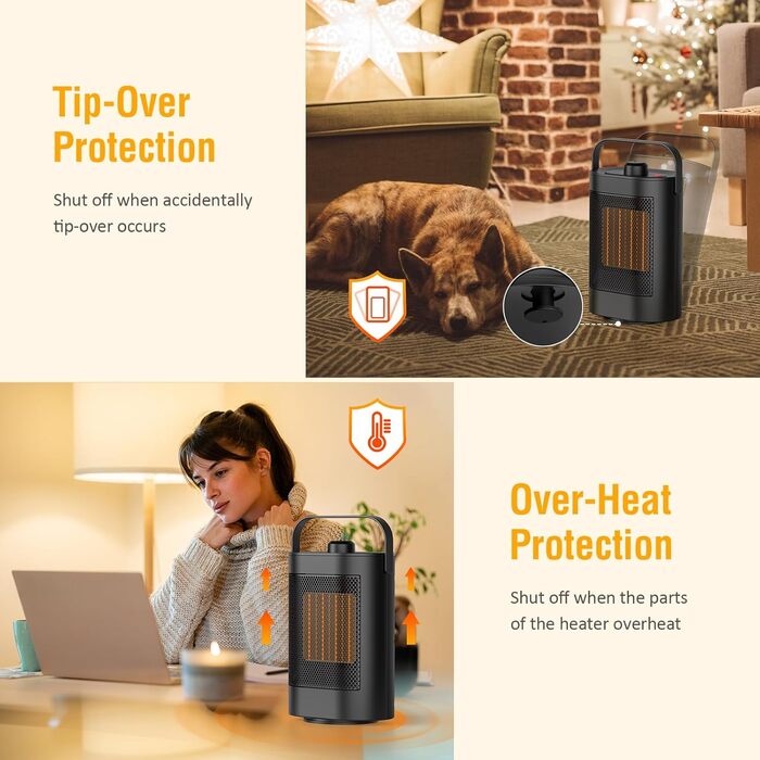 Енергозберігаючий та тихий електричний вентилятор-обігрівач - керамічний нагрівальний елемент PTC потужністю 1500 Вт, 3 швидкості, захист від перегріву/перекидання, невеликий вентилятор-обігрівач для ванної кімнати, кімнати, офісу, спальні, чорний