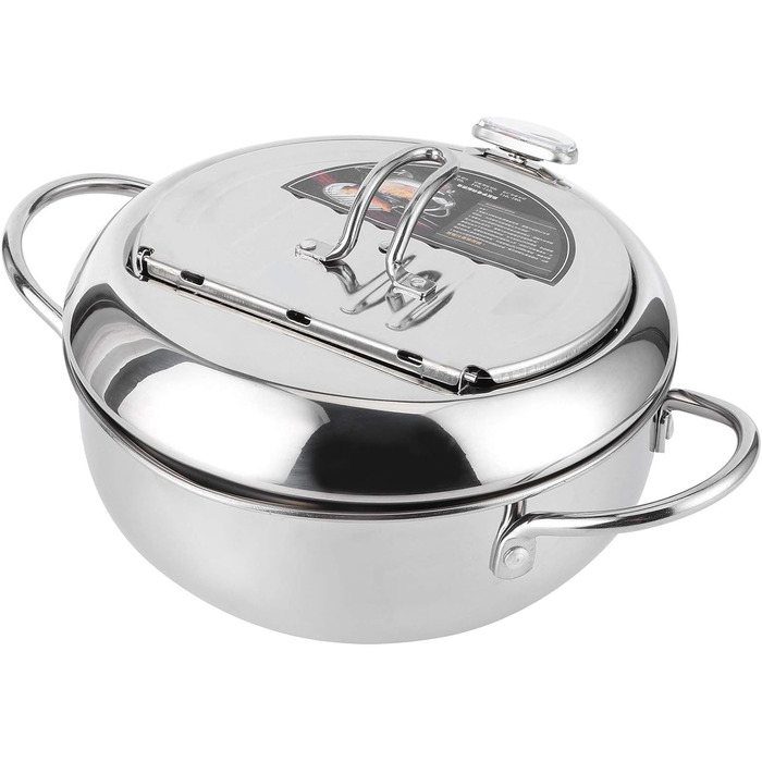 Горщик для фритюрниці, японська каструля з термометром, глибока фритюрниця з нержавіючої сталі 304 з осушувачем олії для чіпсів темпура, картоплі фрі, риби та курки (велика 24 см)