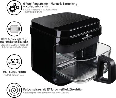 Фритюрниця KHF-550, 5,5 літрів, 1 200 Вт, сенсорний дисплей, скляний кошик для смаження без покриття, фритюрниця з щипцями та силіконовою підставкою (стандартна версія KHF-550)