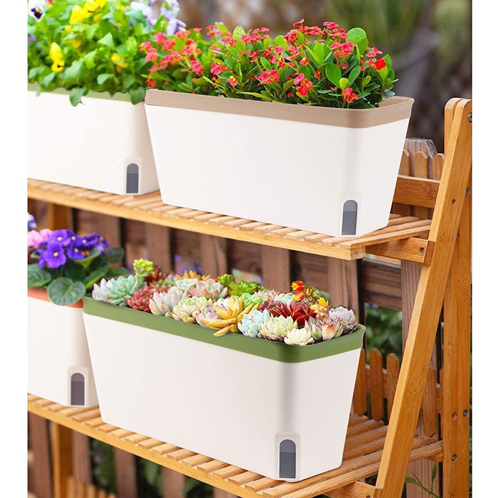 Горщик для рослин LATERN із 3 предметів із самополивом, прямокутний пластиковий квітковий горщик 27 см для садових квітів, бонсай, алое, трав, орхідей та сукулентів з віконцем для контролю рівня води та дренажним отвором, лоток