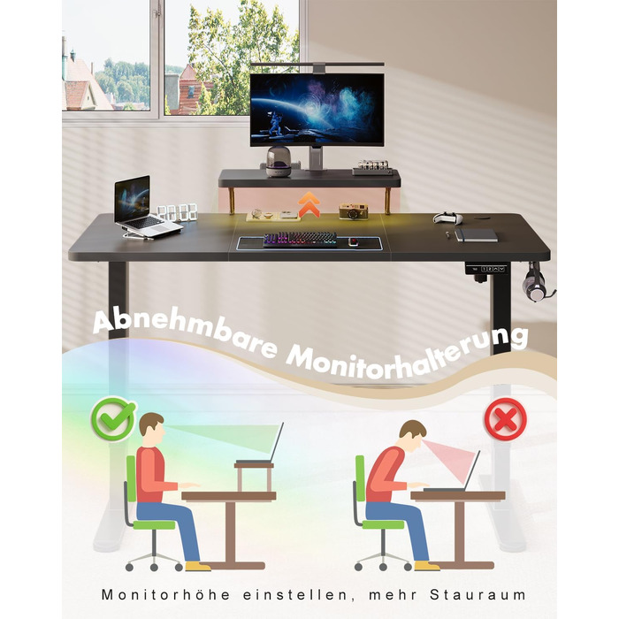 Стіл Airfish з регульованою висотою 120 x 60 см зі світлодіодним освітленням, електрично регульований по висоті стіл зі знімним кріпленням для монітора, регульований стіл для домашнього офісу та ігор, чорний 120 x 60 см