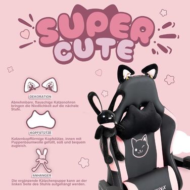 Ігрове крісло Dowinx - Видання Cute Cat - Ергономічне комп&39ютерне крісло з високою спинкою та поперековою опорою, шкіра PU, підставка для ніг, чорний колір