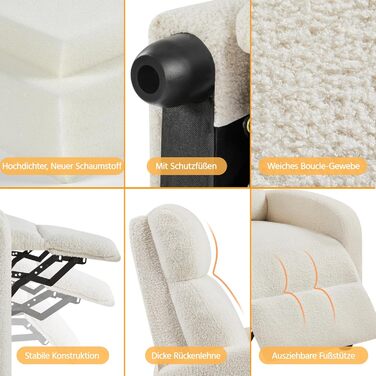 Крісло для відпочинку Yaheetech, крісло для телевізора, одномісний диван, реклайнер з регульованою підставкою для ніг, крісло для відпочинку з тканини букле, кольору слонової кістки.
