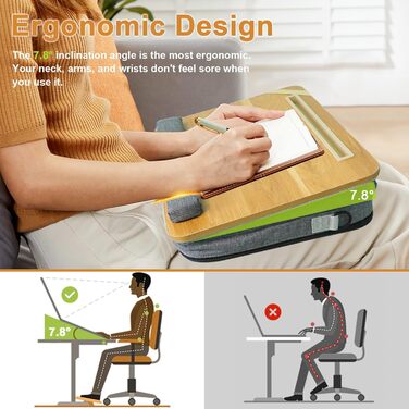 Стіл-підставка на коліна з подушкою, для ноутбука до 15,6 дюймів, з кишенями для зберігання. Портативне робоче місце для дому, університету, офісу (Світло-коричневий)