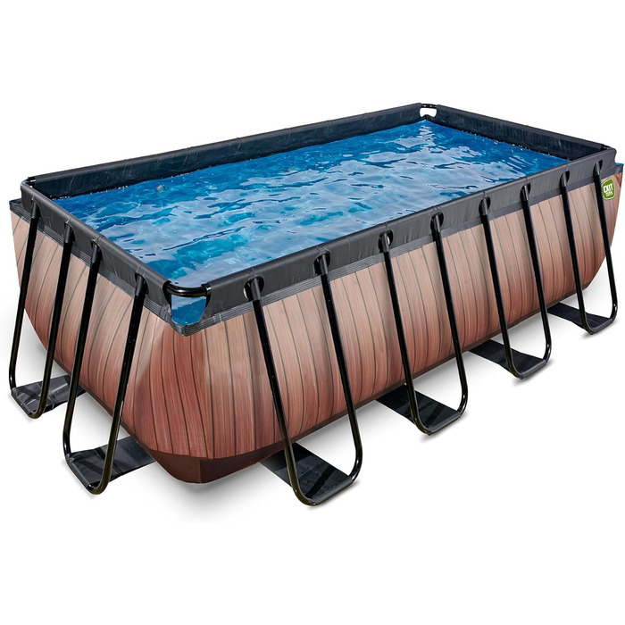 Басейн EXIT Toys Wood Pool - 400x200x122 см - Великий прямокутний каркасний басейн з піщаним фільтруючим насосом - Дуже глибокий басейн - Міцний каркас - Включає сходи для басейну - Унікальний дизайн - Коричневий