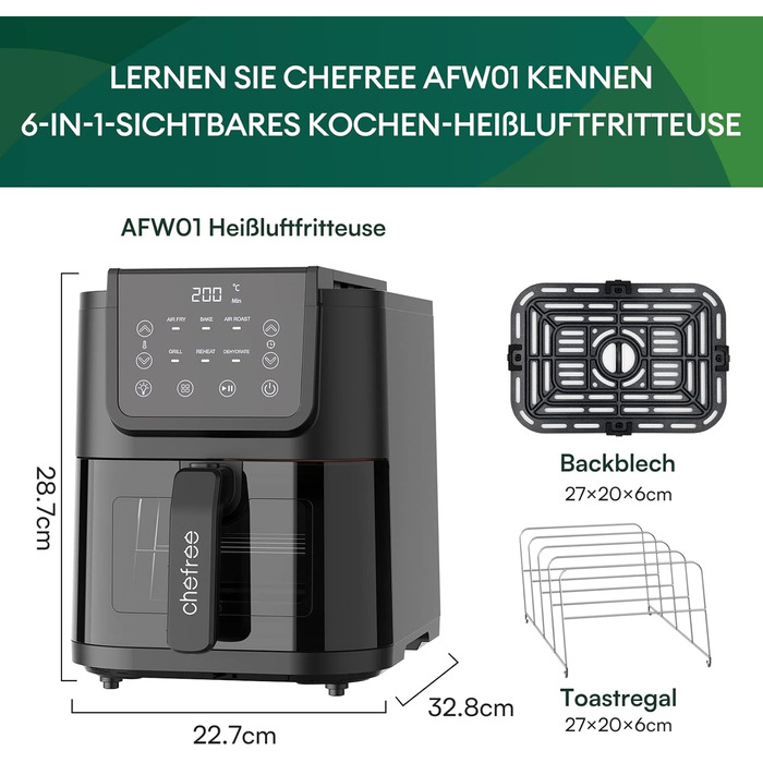 Аерофритюрниця CHEFREE, сімейний розмір 5 л на 4-6 порцій, шухляда з оглядовим вікном, мультиварка 6-в-1, максимальна температура 200C, смаження, гриль, запікання, підсмажування, смаження у фритюрі, без олії, 1500 Вт, 55 дБ, чорний, AFW01