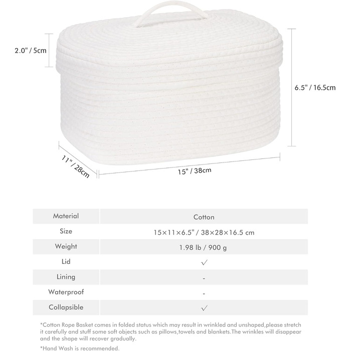 Кошик для зберігання Sea Team Oval з бавовняної мотузки з кришкою, плетений кошик для зберігання з кришкою, дитяча кімната, кошик для підгузків, кошик для дитячого душу, коробка, органайзер, 38,1 x 27,9 x 16,5 см, білий