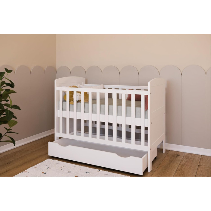 Дитяче ліжко/ліжечко Kids Collective 70x140 см з матрацом та шухлядою, трансформоване ліжечко, регульована висота Біле дитяче ліжко, зроблено в Європі, 70x140 см Від народження до 6 років, 70 x 140 см з шухлядою матрац, біле