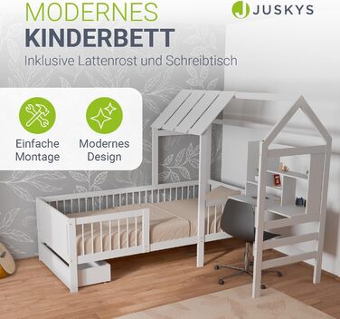 Дитяче ліжко Juskys Yari 90x200 см - Односпальне ліжко з письмовим столом та шухлядою, сосна та міцні матеріали, дизайн &quotГрайливий будиночок&quot - Біле