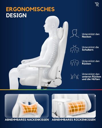 Ергономічне ігрове крісло Felix Original з регульованою спинкою, 2D підлокітниками, подушками для попереку та шиї, високою спинкою, штучною шкірою, міцною сталевою рамою, для високих людей, біло-сірим