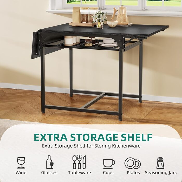 Розкладний обідній стіл YITAHOME, розсувний відкидний стіл з тримачем для зберігання та 4 регульованими ніжками, для 2-6 осіб, 120 x 78 x 75 см, чорний