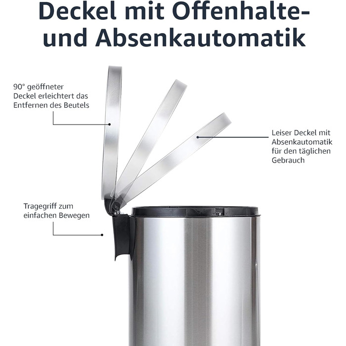Сміттєвий бак Storeo Basics 20 л зі сталевою трубчастою педаллю - м'яке закриття з кришкою, для кухні, ванної кімнати або офісу, ц